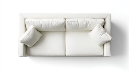 White sofa featuring soft cushions and decorative pillows, minimalist design creating spacious living room aesthetic viewed from overhead with clean background