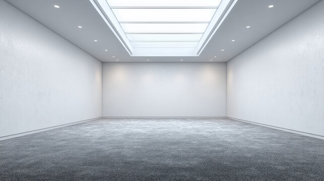 Modern, spacious room featuring a rectangular skylight, gray carpet flooring, and white walls, creating a bright and airy atmosphere ideal for interior design projects
