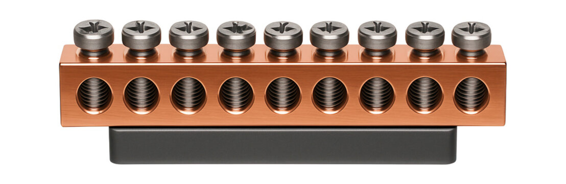 Compact grounding bar for use in apartment breaker boxes, ensuring safe electrical grounding.