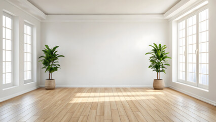 Empty white room with wooden floor and plants