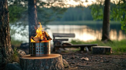 Campfire Burning in Metal Fire Pit at Lakeside Campground