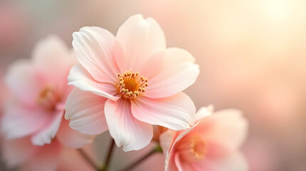 Close-up of cosmoses flowers clustered on the left side of the frame, smooth gradient of warm, soft beige and peach tones on background, creating a serene and gentle atmosphere