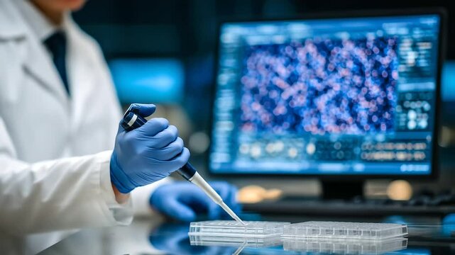 Gloved scientist conducts precise cell division experiment in medical laboratory, bright pipette and clear culture trays on reflective surface, DNA modeling software on monitor beh