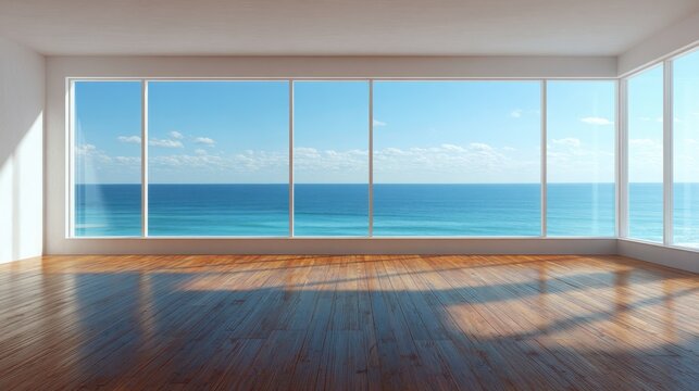 Soft sunlight streaming across wooden parquet, casting warm shadows near expansive windows revealing sweeping ocean and sky panorama in minimalist interior setting
