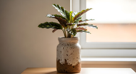 Calathea plant in a textured vase, placed indoors near a window. Capturing the essence of indoor gardening and enhancing interior aesthetics