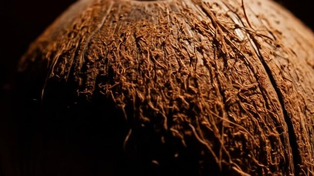 Close up cinematic exploration of textured coconut shell surface under warm lighting showcasing