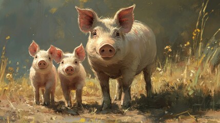 Digital Painting of Three Adorable Pigs in a Field