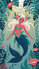 Illustration of a cute mermaid girl swimming underwater. Vector graphics. EPS.