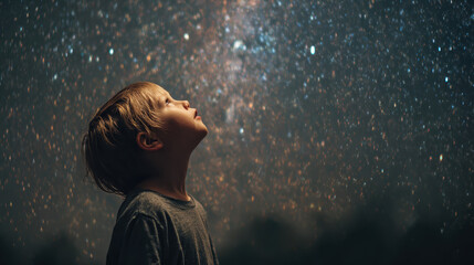 Child looking up at stars, filled with wonder, gazes at immense beauty of night sky, lost in dreams and celestial imagination