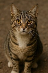 Obraz premium Portrait réaliste d’un chat tigré aux yeux dorés posé en extérieur lumière douce
