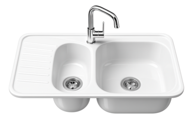 A double bowl sink with a reversible drainboard, crafted from durable acrylic, ideal for small apartment kitchens.