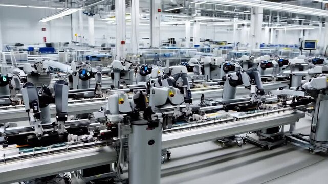 futuristic factory hums with activity, diverse robots collaborate on an automated assembly line. Large industrial arms precision bots perform intricate tasks. machines handle specialized roles.