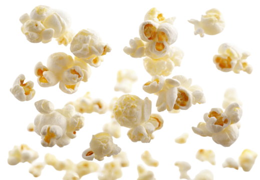 Isolated popcorn kernels floating on black background for movie night snack food photography, 100 characters