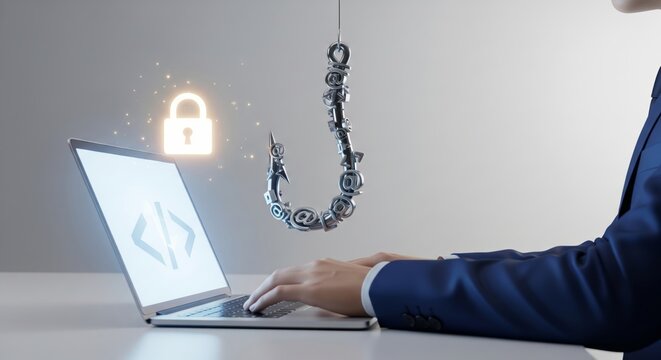 3d render of a phishing concept with a businessman using a laptop, a hook made of email symbols, and a security padlock icon