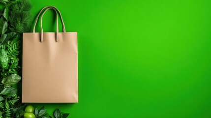 Eco-Friendly Shopping Bag Surrounded by Fresh Green Leaves on Green"