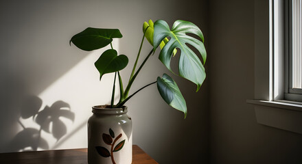 Lush Monstera plant thriving in a ceramic vase, bathed in natural sunlight, casting intricate shadows on a serene indoor wall, creating a calming and vibrant botanical ambiance