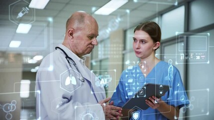 Two doctors discuss patient care using a tablet and advanced AI interface, collaborating to analyze health data and improve treatment plans. - Powered by Adobe