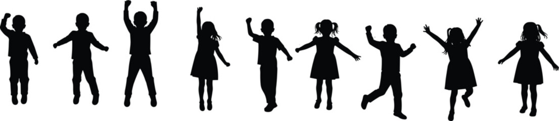 Silhouette of happy children jumping, playing and dancing, group of boys and girls, kids fun activity, black vector illustration