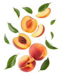 Fresh peaches background with peach slices and leaves for summer fruit and healthy eating concept
