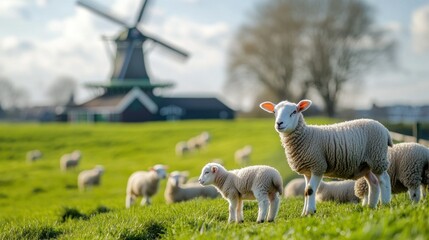 Obraz premium Sheep and Lambs Grazing near Windmill in Green Field