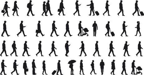 Silhouettes of walking people, male and female figures, travel and casual poses, isolated black vector design on white background