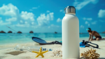 Eco Water Bottle on Tropical Beach with Snorkel Gear