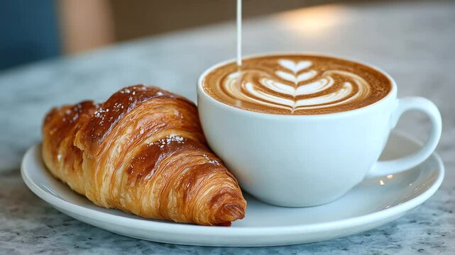 Artisan latte with detailed rosette foam, paired with a fresh croissant on marble table, surrounded by minimalistic cafe decor, evoking calm breakfast vibes.