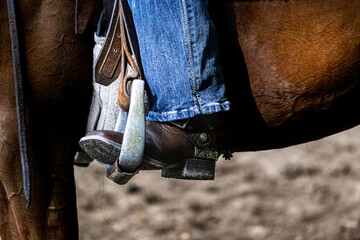 Detail of the boot with spurs during riding