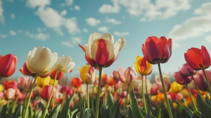 Tulips of mixed hues bloom under sunny skies with fluffy clouds, field view from below