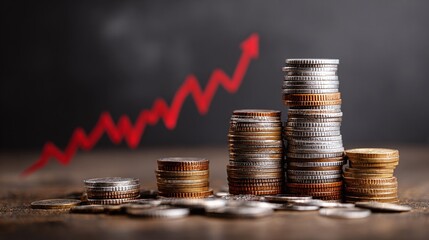 Rising Stacks: Coin stacks illustrate financial growth, with a red arrow charting upward progress against a dark backdrop, symbolizing economic success.
