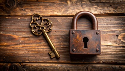 Antique Key and Lock on Wooden Surface