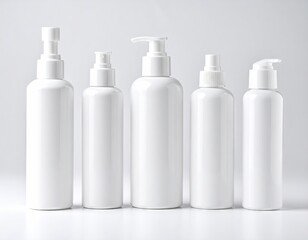 White plastic bottles, various sizes, pumps