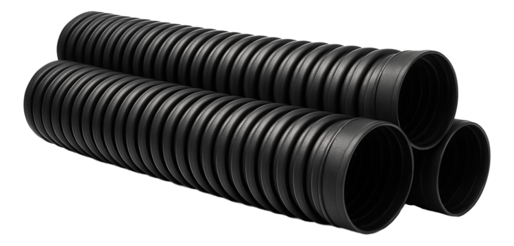 Corrugated polyethylene pipes used in backyard landscaping projects to channel rainwater from gutters to a storm drain.