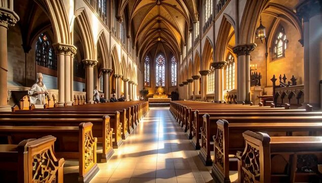 Serene church interior bathed in sunlight. The sunlight streams through the high arched windows, illuminating the rows of wooden pews and the altar in the distance. The architecture is Gothic.