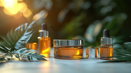 Cosmetic product still life with green foliage