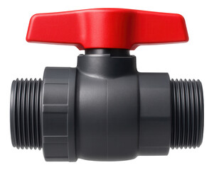 A durable PVC shut-off valve intended for controlling water flow to an outdoor irrigation system at a cottage.