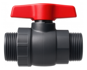 A durable PVC shut-off valve intended for controlling water flow to an outdoor irrigation system at a cottage.
