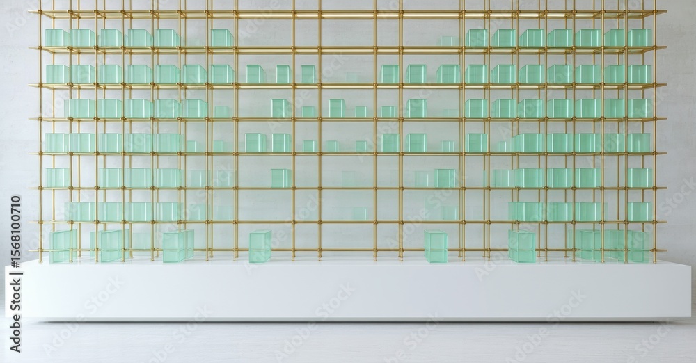Aufkleber Minimalist installation features numerous small, green glass blocks within golden metal grid structure. White base supports display.