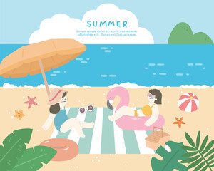 Hand drawn summer template background on the beach with people and leaves.