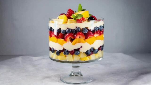 Delicious fruit trifle with layers of cream, berries, and tropical flavors prepared in a glass dish