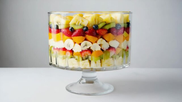 Vibrant fruit trifle layered with fresh berries, cream, and cake prepared in a glass bowl