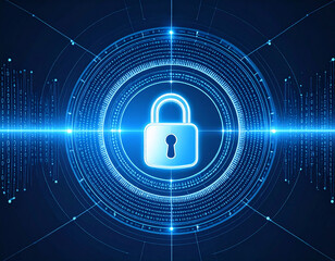 Illustration of a lock icon surrounded by digital code lines on a dark blue background depicting security and encryption technology