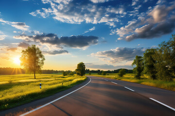 Naklejka premium Asphalt road through idyllic countryside under a clear blue sky
