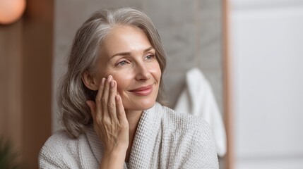 Mature woman applying facial cream, radiating beauty. Natural skin care for a timeless glow. Self-care ritual, confidence in every touch.