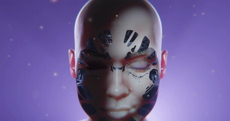 A futuristic humanoid robot with metallic skin and embedded circuits stands still with eyes closed, moments before awakening. The image captures a blend of humanity and advanced technology.