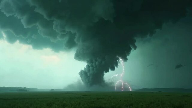 Massive dark tornado cloud spirals above a flat plain as lightning strikes in the distance, illustrating severe weather, danger, and natural disaster power.