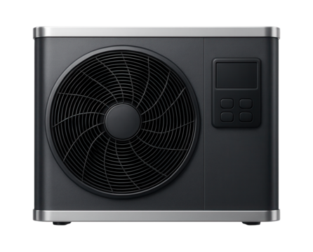 Outdoor water heat pump with a sturdy aluminum frame, designed to withstand harsh weather conditions in coastal residences.