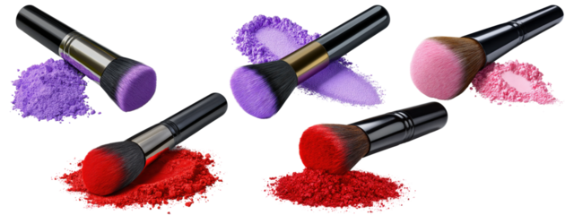 Collection of five makeup brushes with colorful powder swatches in red, pink, and purple