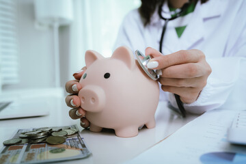 A doctor is performing a financial health check, using a stethoscope and a piggy bank to represent...
