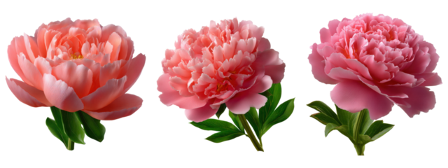 Set of three beautiful pink peony flowers with green leaves